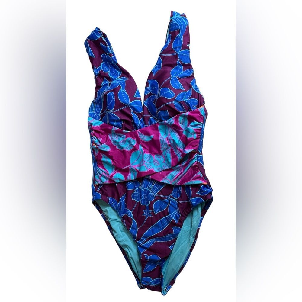 NEW Trina Turk One Piece Swimsuit Size 6 Maroon Blue Floral Leaf Pattern